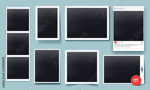 Photo frames with shadows. Social media post mockup, instant photo booth card template and retro memory album photos frames realistic vector set