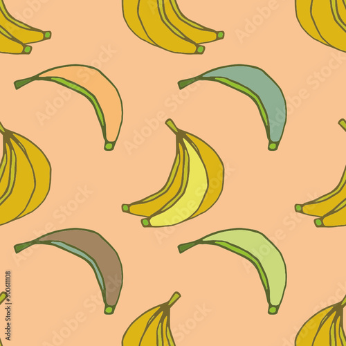 Banana vector seamless pattern. Colorful bananas on pink background. Vector illustration with tropical fruits. Perfect for decoration, wrapping paper design, cards, wallpaper, surface design.