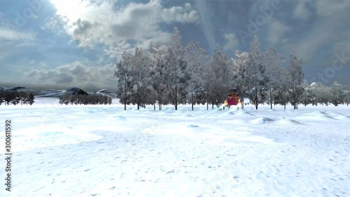 3D rendering of the take-off of Santa's new jet sled in a winter landscape.
