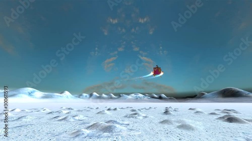 3D rendering of the take-off of Santa's new jet sled in a winter landscape.