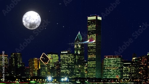 3D rendering of the flight over the city and in front of the moon of the new sledge designed by Santa Claus.