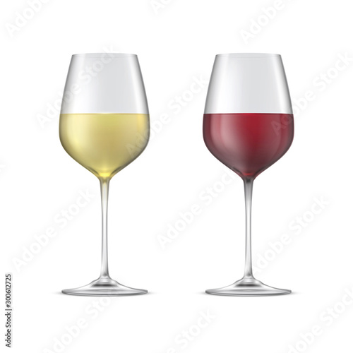 Red and white wine in glass goblets isolated on white background.