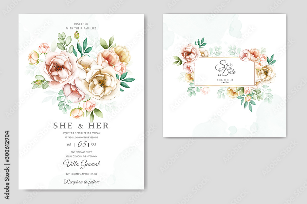 wedding invitation design with watercolor floral and leaves