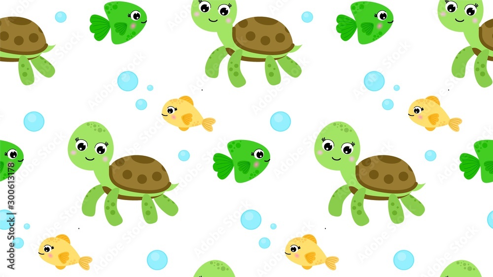 Obraz premium Seamless pattern with sea creatures turtle and fish Cartoon style. Isolated on white background. Printing on fabric, packaging, wrappers, gift bags.