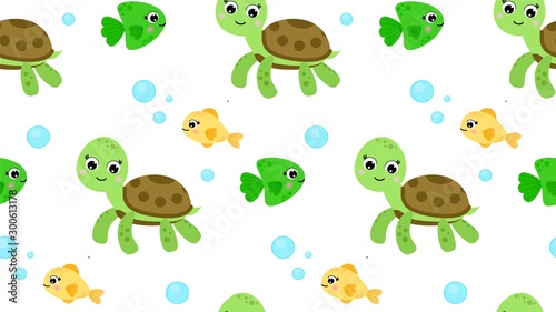 Seamless pattern with sea creatures turtle and fish Cartoon style. Isolated on white background. Printing on fabric, packaging, wrappers, gift bags.