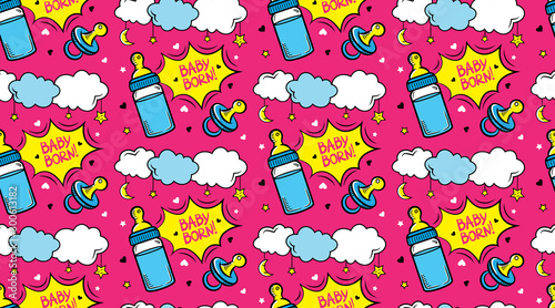 Cute cartoon newborn seamless pattern with nipple and milk bottle on pink background. Vector illustration