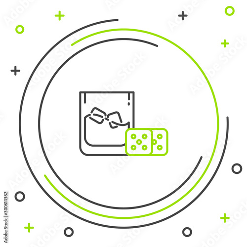 Black and green line Game dice and glass of whiskey with ice cubes icon isolated on white background. Casino gambling. Colorful outline concept. Vector Illustration