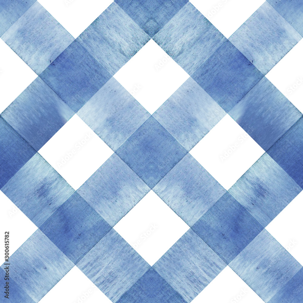 Watercolor diagonal stripe plaid seamless pattern. Indigo blue stripes on white background Watercolor diagonal stripe plaid seamless pattern. Indigo blue stripes on white background