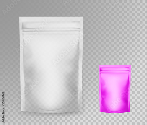 Food pouch bags isolated on transparent background. Vector illustration. Front view. Can be use for template your design, presentation, promo, ad. EPS10.	