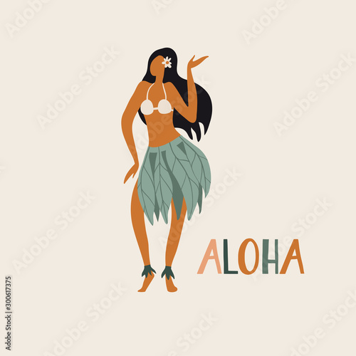 Hawaiian girl is dancing hula in traditional clothes
