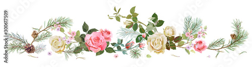 Panoramic view with white, pink roses, spring blossom, pine branches, cones. Horizontal border for Christmas: flowers, buds, leaves on white background, digital draw, watercolor style, vector