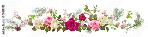 Panoramic view with white, pink, red roses, spring blossom, pine branches, cones. Horizontal border for Christmas: flowers, buds, leaves on white background, digital draw, watercolor style, vector © analgin12