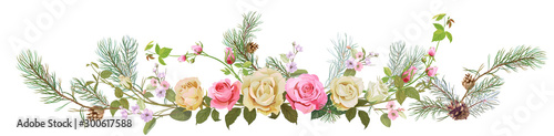 Panoramic view with white, pink roses, spring blossom, pine branches, cones. Horizontal border for Christmas: flowers, buds, leaves on white background, digital draw, watercolor style, vector