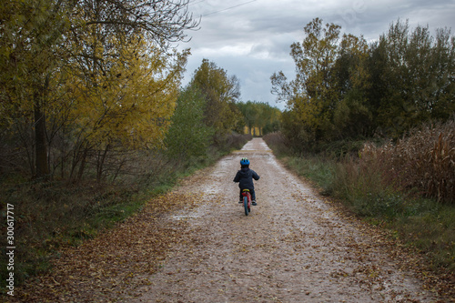 A little kid boy in autumn forest path driving a bicycle