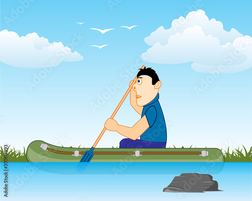 Man sails on river on rubber boat