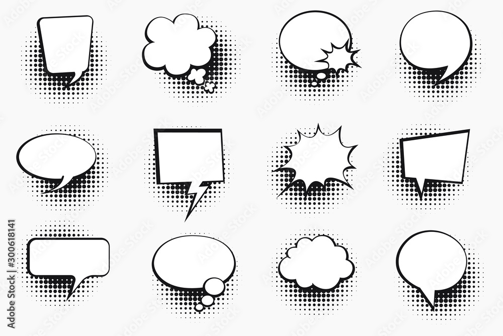 Naklejka premium Retro comic bubbles set with halftone shadows on white background. Vector illustration, vintage design, pop art style. Vector illustration