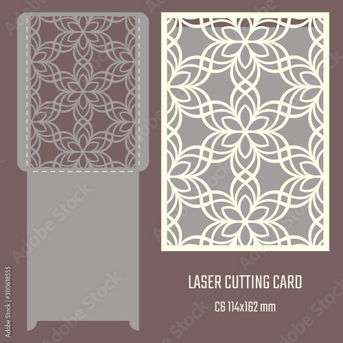 DIY laser cutting vector envelope. Wedding die cut invitation template. Cutout silhouette card. Scrapbook carved paperwork. Floral layout.