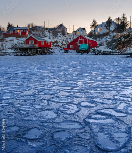 Blue hour shot at a icy lake in Lofoten photo