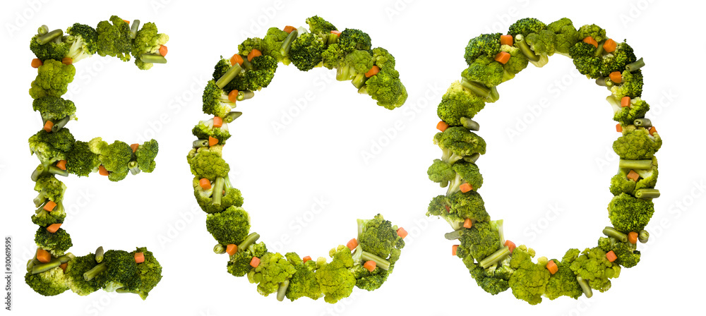 Eco. Healthy lifestyle and nutrition. English alphabet. Text from the products. Broccoli, asparagus, carrots. Designer font. Vegetable Font. Eco. Healthy lifestyle and nutrition. English alphabet. Text from the products. Broccoli, asparagus, carrots. Designer font. Vegetable Font.