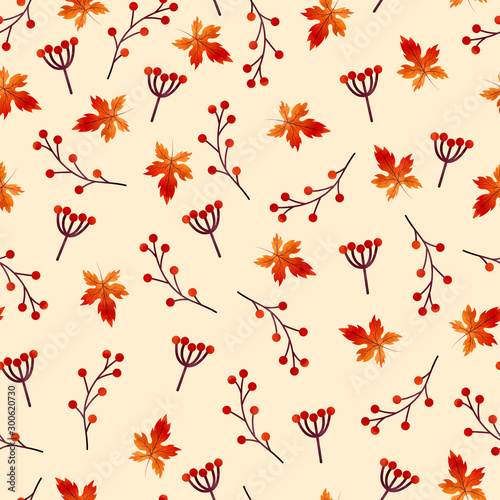 Seamless pattern of berries and leaves in autumn colors