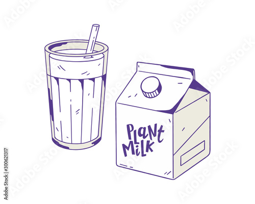Plant milk. Healthy alternative to dairy. Hand drawn image isolated on a white background. Vector illustration.