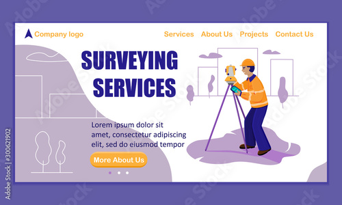 Surveying services landing page template.Surveyor working with theodolite outdoor on the background trees and city. Smiling worker cartoon flat character. Vector illustration.