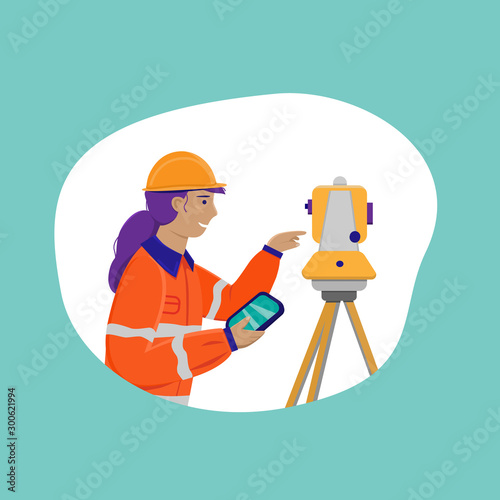 Surveyor woman working with theodolite outdoor. Engineer girl with surveyor equipment. Smiling worker cartoon flat character. Vector illustration isolated on white with blue background.