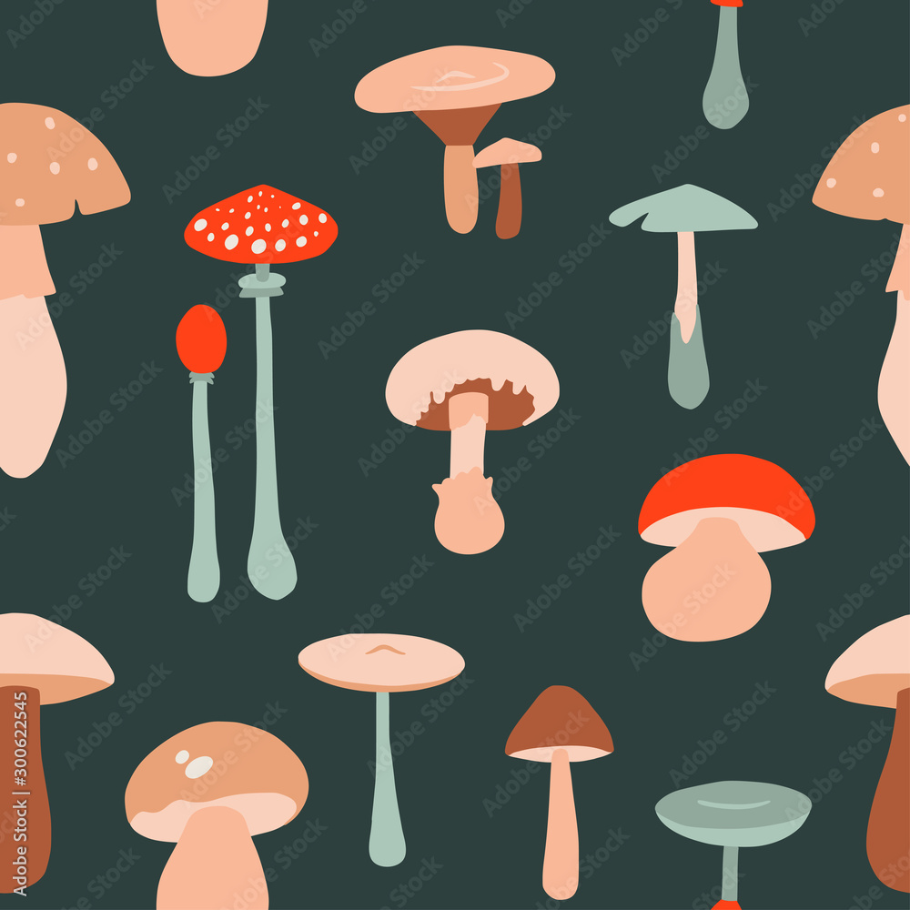 Seamless pattern with forest mushrooms