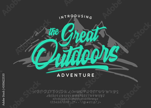 Great Outdoors. Original font and logo. Print on shirt or sticker. Retro and vintage style. Classic print. Hipster style. Vector font.