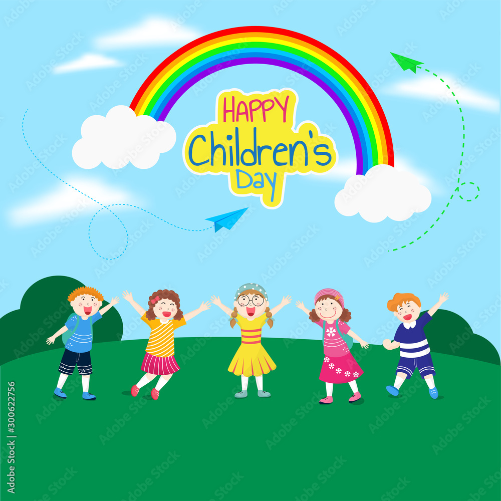 Group of cute boy and girl character in different activity and rainbow on sky background for Happy Children's Day celebration.