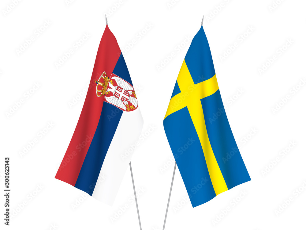 National fabric flags of Sweden and Serbia isolated on white background. 3d rendering illustration.