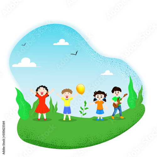 Group of little boy and girl enjoying with guitar instrument on abstract nature view background for celebration concept.