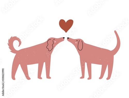 Vector illustration with couple of dogs sniffing each other and heart.