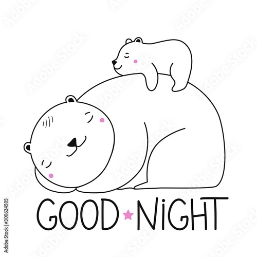 Vector illustration with white polar mother bear and little baby bear. Good night lettering wishing.