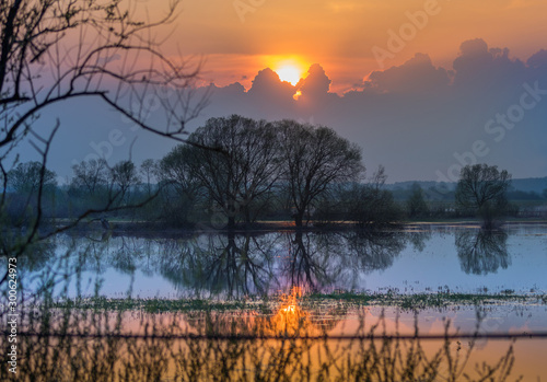 Beautiful sunset or sunrise. Evening on the lake. Ukraine nature.