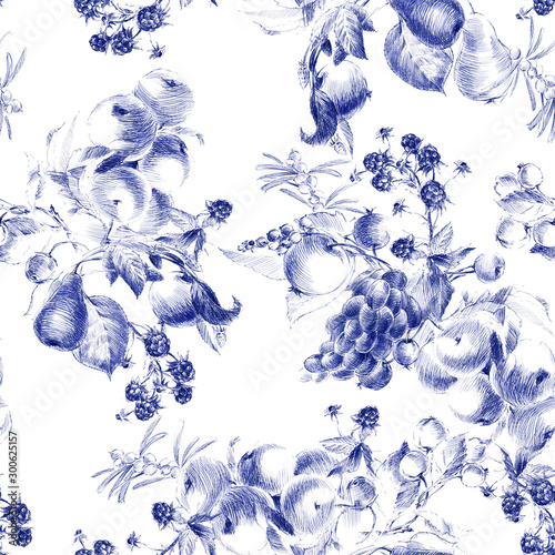 seamless design with garden plant. hand drawn vintage botanical pattern line graphics. fashion textile design Indigo color. floral illustration