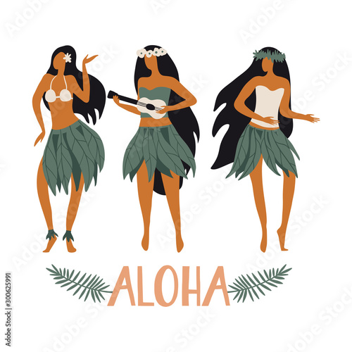 Hawaiian girls are dancing hula and playing ukulele