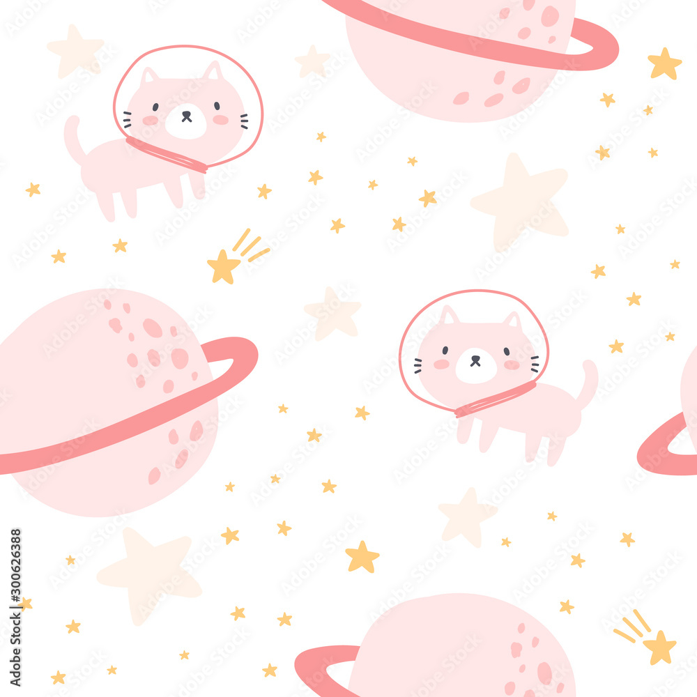 Hand drawn cat and space seamless background repeating pattern, wallpaper background, cute seamless pattern background