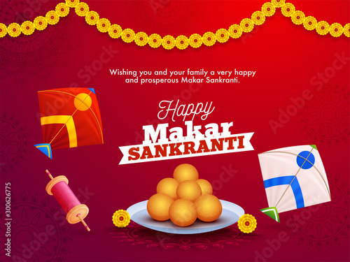 Happy Makar Sankranti message card design with Indian dessert (Laddu), kites and spring spool on red and purple background.