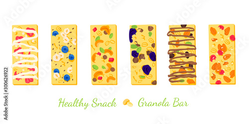 Set of six healthy granola bars with cereals, peanuts, raisins, almonds dor web and printing. Healthy eating concept.
