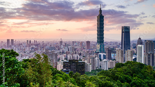 Arrival view of Taipei cityscape view from the elephant mountain(Xiangshan) with sunset Twilight background