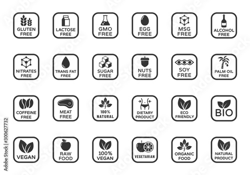 Allergen ingredients vector icons. Product free allergen ingredient symbols. No lactose, gluten, soy, sugar, gmo, trans fat. Organic, bio, vegan icons. Food intolerance stock vector illustration