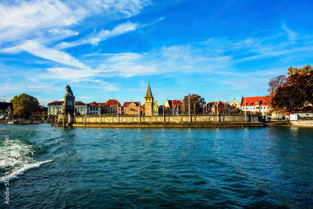 Colorful buildings and harbor in Lindau, lake Constance.