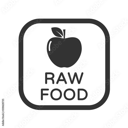 Raw food vector icon. Raw nutrition diet symbol for printing on vegan or vegetarian food packaging. Square vector illustartion with apple and raw food lettering