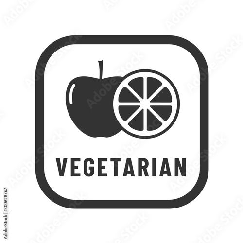 Vegetarian vector icon. Organic, bio, eco symbol. No meat, vegetarian, healthy and nonviolent food. Vector illustration with sliced orange and apple or printing on food packaging