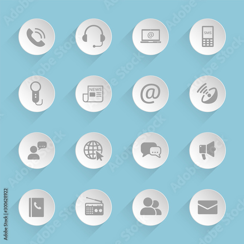 Communication vector icons on round puffy paper circles with transparent shadows on blue background. Stock vector icons for web, mobile and user interface design