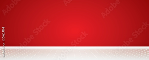 Red highlighted wall background and white wooden floor with copy space for text. abstract interior background