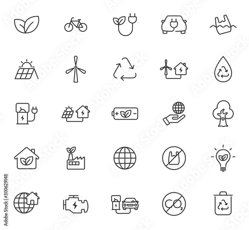 Ecology outline vector icons isolated on white background. Ecology outline flat icons for web and ui design. Go green eco friendly environment concept.