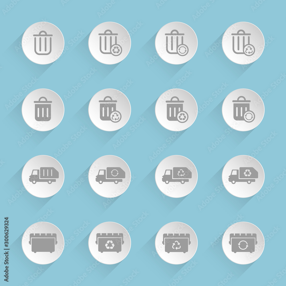 Garbage removal vector icons on round puffy paper circles with transparent shadows on blue background. Stock vector icons for web, mobile and user interface design