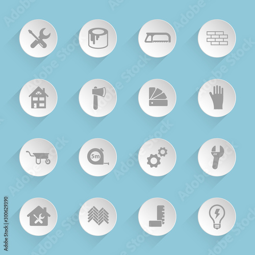 Home repair vector icons on round puffy paper circles with transparent shadows on blue background. Stock vector icons for web, mobile and user interface design